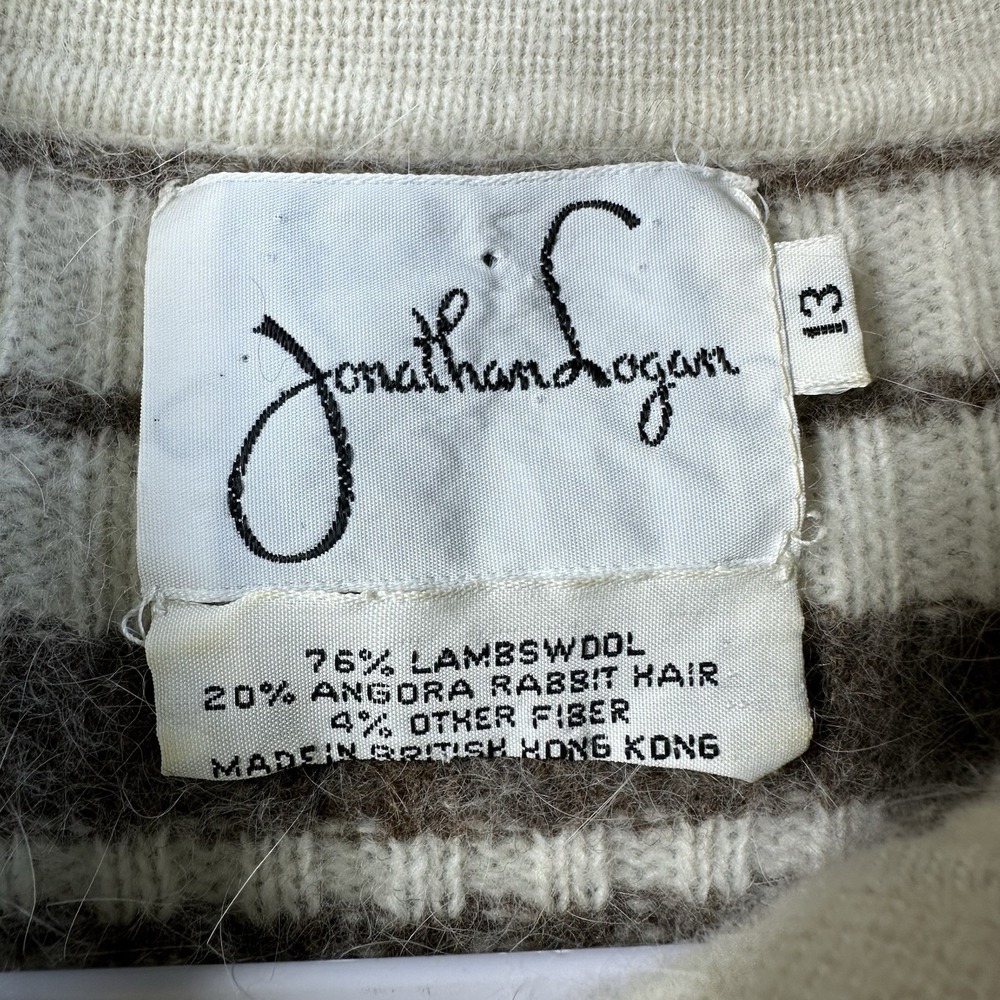 Jonathan Logan Wool Angora Sweater Cream 70s Collared Ivory Stripe‎ Ribbed Sz 13 - Picture 2 of 6